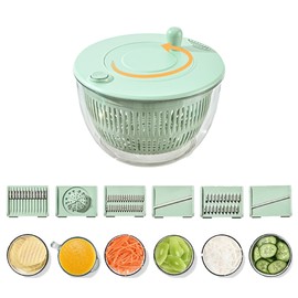 Multi-Use Large Salad Spinner,Mandoline Vegetable Fruits Wash Bowl with 5 Blade Slicer with Dicer,Pasta Fries Spin Dryer,Egg Yolk Strainer Colander and Built in Draining System for Fresh