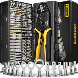DxCRIMP Crimping Tool Kit, 14-Type Open Spade & Quick-Disconnect Connector Set (2.8/3.9/4.8/6.3 mm) Non-Insulated Brass Terminals, 24–14 AWG Ratcheting Crimper, for Automotive, Marine, Appliance, DIY
