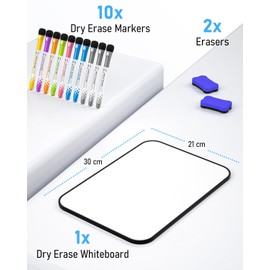 Nicpro 2 Pack Dry Erase Whiteboard A4, Magnetic Double Sided 21 x 30 cm White Board with Black Border, Including 10 Water-Based Pens and 2 Eraser for Kid Writing Drawing, Student School Classroom Use