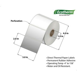 Ecotherm 3x2 Thermal Labels - 735 Paper Stickers Per Roll - 4 Rolls - fits Zebra LP2844, GC420, GK420, GX430, ZD220, ZD420, ZD500, ZD620, ZP-500, GT800 Direct Thermal Printers