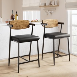 GarveeHome Counter Height Bar Stools Set of 2 with Arms, 26" Upholstered Modern Bar Stools Set with Wood Back & Footrest for Kitchen Island, Counter Bar, Wider Seat, Easy Assembly, Retro Brown