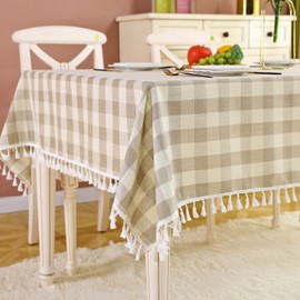 KAYSUN Plaid Tablecloth, Square Tassel Checkered Table Cloth 55''x55'' Khaki, Cotton Linen Table Cover for Kitchen Dining Restaurant Farmhouse