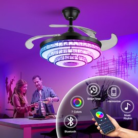 efperfect Modern 42" Bluetooth Ceiling Fan Light with Music Speaker, Black Crystal Fandelier Ceiling Light with Reversible Blades 6 Fan Speed 7 RGB Colors Ceiling Fan Light with Remote and APP Control