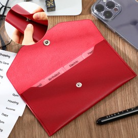 11 Pieces Cash Envelope Wallet PU Leather Cash Envelopes Cash Wallet Reusable Budget Envelope Cash Dividers for Wallets with Cash Envelope Tab Stickers for Bill Planner (Red Wallet)
