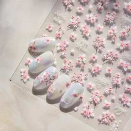 5D Embossed Flower Nail Art Stickers Spring Nail Stickers White Pink Floral Cherry Nail Decals Design 1PCS DIY Self Adhesive Nail Art Supplies for Women Girls Summer Manicure Decoration Accessories