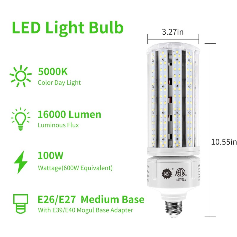 NS 100W LED Cob Corn Light Bulbs,5000K,AC110-277V,16000lm,E26/E39 Base,LED Replacement Metal