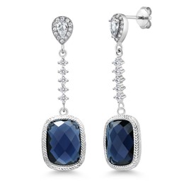 Gem Stone King 4.60 Cttw 925 Sterling Silver 13X9MM Cushion Checkerboard Cut Blue Simulated Sapphire Drop Dangle Earrings For Women