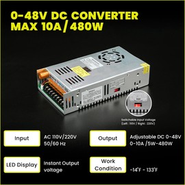 DC Voltage Converter, AC 110V-220V to DC 0-48V Voltage Converter, 480W Adjustable Power Supply Module Switching Power Supply, Voltage Regulator, Digital Display, Smart Cooling Fan