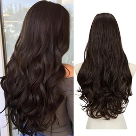 SARLA Clip in U Part Hair Extensions Dark Brown Synthetic Long Wavy Curly Thick Full Head Hairpiece for Women 24 Inch