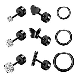 upeilxd Titanium Earrings for Sensitive Ears 20G Titanium Stud Earrings and Hoop earrings Ball Opal Cubic Zirconia G23 Pure Titanium Cartilage Earrings Hypoallergenic Flat Back Earrings (Black 9PCS)