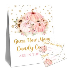 Thanksgiving How Many Candy Corns Are In The Jar - 1 Standing Sign & 50 Guessing Cards - Autumn Pumpkin Party Game & Decoration For Boys, Girls, Adults - Baby Shower, Birthday Game Set - A02