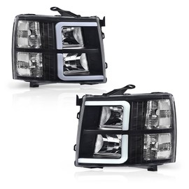 CHEDA LED DRL Tube Projector Headlights w/o Bulb Clear Lens Black Housing Clear Reflector Compatible with Chevy Silverado 1500 2007-2013/2500HD 3500HD 07-14,Not Fit 2007 Old Body Silverado Classic