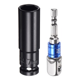 uxcell 1/2" Drive 17mm 6-Point Deep Sockets 3" Length with 1/2" to 1/4" Hex Shank Adapters Electroplated, CR-V Steel Socket Adapter Accessory Set Kit for Hex Bolts Nuts