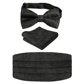 Alizeal Mens Classic Paisley Pre-tied Party Adjustable Bow Tie, Cummerbund and Pocket Square Set, Black