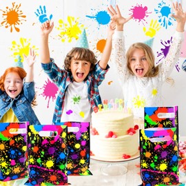 Omlisca Neon Party Favors Bags 50 Pieces Let's Glow in The Dark Party Supplies Colorful Goodie Candy Gift Bags Plastic Treat Bags with Handles Birthday Retro 80's 90's Party Decorations