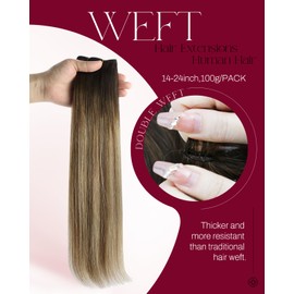 Moresoo Weft Hair Extensions Real Human Hair Ombre Dark Brown to Medium Brown with Blonde Hair Extensions Weft Human Hair Balayage Double Weft Sew in Weft Hair Extensions 18inch 100g #4/6/613