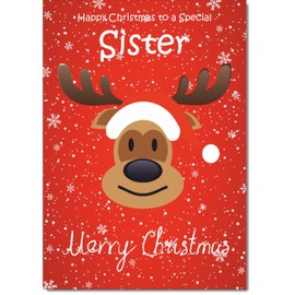 doodlecards Sister Christmas Card Rudolph on Red Background Medium Size Christmas Card for Sister with Plain Envelope