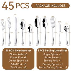 45 Pieces Flatware Set for 8, 18/10 Stainless Steel Heavy Silverware Set, Modern Everyday Silverware Spoons Forks Knives and Serving Utensils Set, Unique Beaded Texture