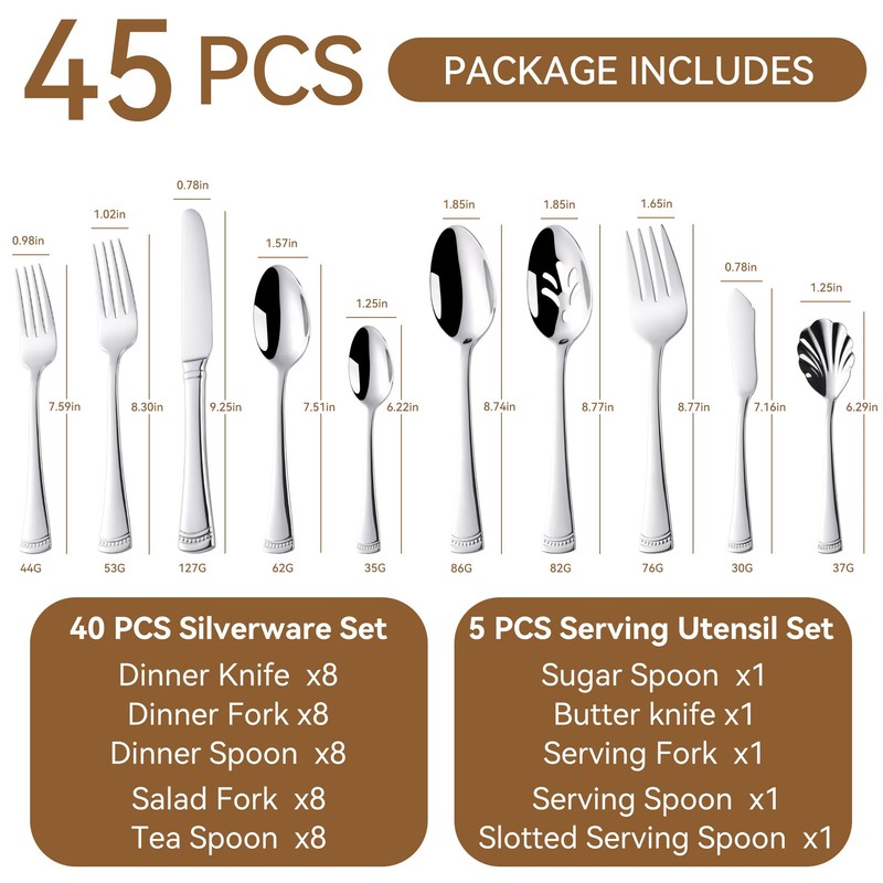 45 Pieces Flatware Set for 8, 18/10 Stainless Steel Heavy