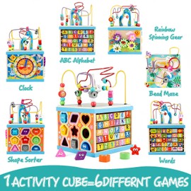 Qilay Wooden Activity Cube for Toddlers, 5 in 1 Multipurpose ABC-123 Abacus Early Educational Montessori Toys, Learning Toys for 3 Year Old | Bead Maze, Great for Boys Girls Toddlers