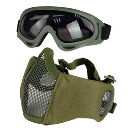 Yzpacc Airsoft Mask with Protective Glasses, Foldable Half Face Airsoft Mesh Mask with Ear Protection for Paintball Shooting Cosplay CS Game (Green)