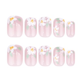 Stbisen Nude Pink Press On Nails Square Short, Daisy Flower Fake Nails with White Floral Design, Natural Glossy Finish Reusable Acrylic Nails, Glue On Nail Kit for Women, 24Pcs