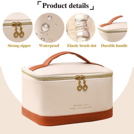 AEDNX Travel Makeup Bag, Large Portable Cosmetic Bag, Waterproof PU Leather Makeup Bag Organizer for Women, Toiletry Bag with Handle and Brush Compartment for Cosmetics & Toiletries New(Beige)