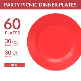 Plastic Plates Disposable 60 PCS, Heavy Duty 30 Dinner Plates 10.25" and 30 Dessert Plates 7.5" for Party, Red
