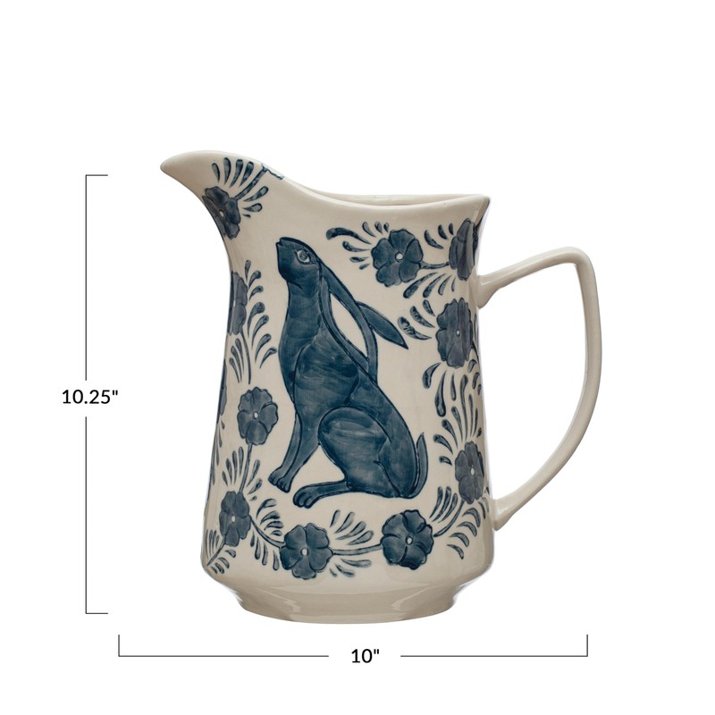 Creative Co-Op Stoneware Pitcher with Painted Rabbit and Florals, Blue