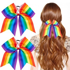 2PCS Rainbow Cheer Leading Bow Rainbow Hair Elastics Ties Jumbo Large Hair Bows with Elastic Ponytail Holder Bow Hair Tie Band Hair Accessories for School Girls Women Gay Pride Day Outfit