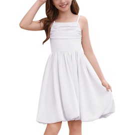 ODIZLI Tween Girls Dresses Spaghetti Strap Ruched Bubble Dress A Line Birthday Party 5th Grade Graduation Dress White Tween Girls Trendy Dresses Summer Gown Pageant Homecoming White 7-8 Years