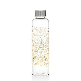 Godinger Glass Water Bottle, for Water, Gatorade, Juices & Herbal Tea – Medallion Print, Reusable Bottle with Stainless Steel Lid, 20oz