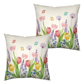 Kwlegh Spring Summer Pillow Covers Pink Tulip Floral Throw Pillow Case 20x20 Lavender Dandelion with Butterflies Pillow Protectors Set of 2 for Farmhouse Garden Patio Living Room, 8VV6NHX99231223