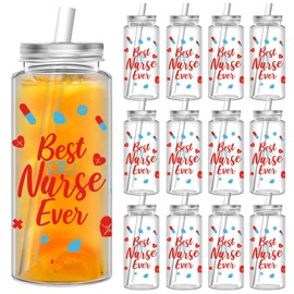 12 regalos de enfermería para mujeres de 14 onzas, las mejores tazas de enfermería con tapas y pajitas, vasos de plástico reutilizables, café, té, cacao caliente, agradecimiento, enfermeras, regalos