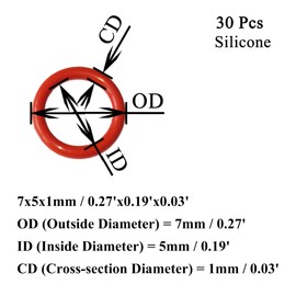 Ofowin [30 Pcs] Silicone O-Rings Red 7mm OD 5mm ID 1 mm Width, Metric VMQ Sealing Gasket for Cup Lids, Coffee Maker, Brewing Fitting, Washer, Filter, Pump, Plumbing, Hose, Gauge, Auto, Machine