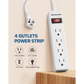 DEWENWILS 4 Outlets Power Strip, 2FT Short Cord with Flat Angled Plug, Portable Small Power Strip, 15A 125V 1875W, Wall Mount Design for Home Office Dorm, ETL Listed White, 1 Pack