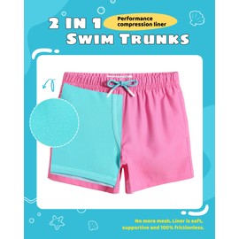 maamgic Boys Swim Trunks with Compression Liner Toddler Stretch Swim Shorts Quick Dry Swimming Trunks Boxer Brief 2 in 1 Beach Shorts Pink Lake Blue 3T