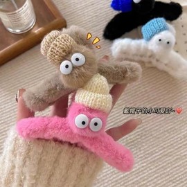 Cute Women's All-Match Big Eye Briquette Plush Back Head Hair Claw Clip, Luxury Ra52 Free Size/Dark Brown 20ea