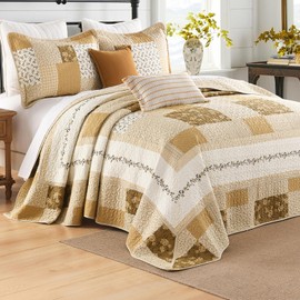 DDUOXIN Floral Oversized King Bedspread 128"x120" - 100% Cotton Reversible California King Quilt with 2 Pillow Shams, Farmhouse Bedspreads Coverlet Set Lightweight Bedding Set, Beige/Khaki, 3 Piece