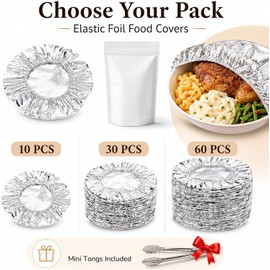 Aluminum Covers for Food, Reusable Stretchy Foil Lids with Elastic Edge, Heat Retaining Bowl Wraps for Plates, Trays, Containers, Leftovers, Meal Prep, Picnic, Kitchen Storage (10Pcs)