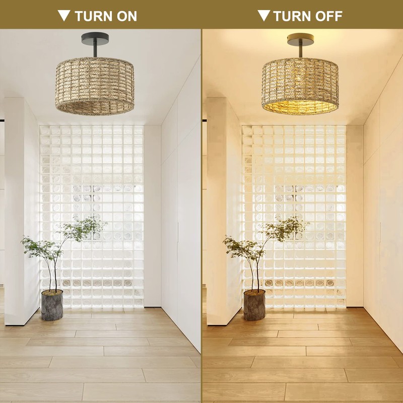 Giutna 13"Rattan Ceiling Light Fixture Flush Mount, 2-Light Boho Rattan