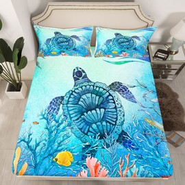 Teal Sea Turtle Sheet Set Queen, 3D Tortoise Reptile Bed Sheets for Boys Girls Kids Teens, Sea Animal Fitted Sheet Ocean Decor, Blue Green Coastal Nature Flat Sheet + Fitted Sheet + 2 Pillowcases
