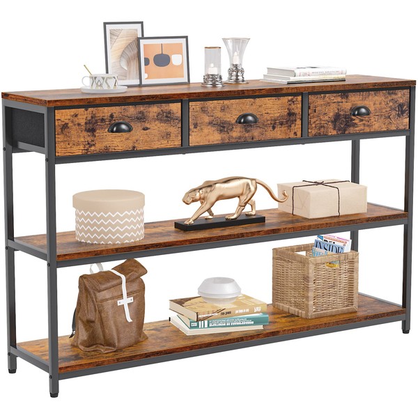 Furologee Long 47" Console Sofa Table with 3 Drawers, Entryway Table with 3-Tier Storage Shelves, Industrial Display Shelf for Entry Way, Hallway, Couch, Living Room, Kitchen, Foyer, Rustic Brown