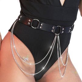 Bodiy Crystal Waist Belt Chain Metal Layered Belly Chains Sparkly Rave Accessories Rhinestones Leather Waist Body Chain Jewelry for Women and Girls (Black-02)