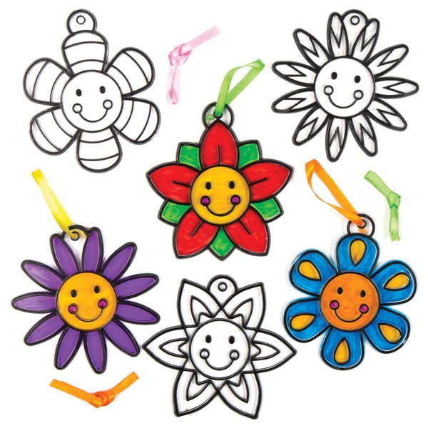 Baker Ross AC770 Smiley Flower Suncatcher Crafts for Kids, Hanging Window Decoration Kit for Children to Paint (Pack of 8), Assorted, 21 x 15 x 2.4 centimetres