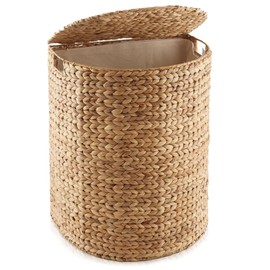 Casafield Half Moon Laundry Hamper with Lid and Removable Liner Bag - Espresso Dark Brown, Woven Water Hyacinth Laundry Basket for Clothes and Towels