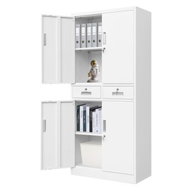 CMY Metal Storage Cabinet, 71" H x 32" W x 16" D Locking Cabinet with Adjustable Shelves and 2 Drawers, Steel Storage Cabinet for Office, Garage, Home, School, Utility Room-White