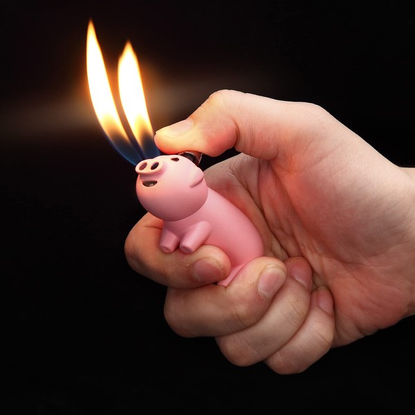 SOMGEM Butane Gas Lighter Refillable Cute, Funny Pipe Lighter Double Soft Flame, Cool Pink Pig , Novelty Gift for Women Men