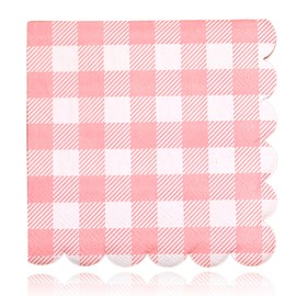 PHIOMUUE 40Pcs Light Pink Gingham Napkins, 25 x 25 cm Disposable Scalloped Party Napkins, Pastel Cocktail Napkins for Wedding Birthday Decorations Beverage Supplies (Pink)