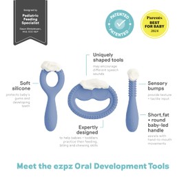 ezpz Oral Development Tools - 3 Months+ (3 Pack in Indigo) - Non-Slip Loop, Smile and Stick, 100% Silicone Tools to Practice Feeding + Chewing - Sensory Bumps - Dishwasher Safe